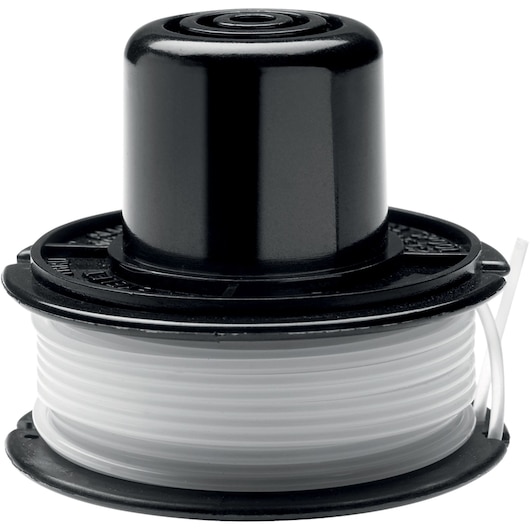 A close-up image of a BLACK+DECKER replacement spool for a grass trimmer, with white trimmer line wound around the black plastic cartridge.