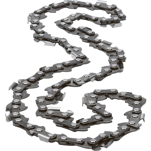 A close-up image of a metal chainsaw chain laid out on a white background.