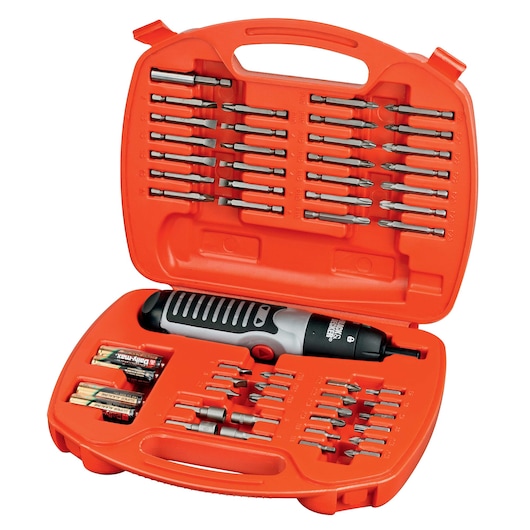 An orange BLACK+DECKER case containing a cordless screwdriver, multiple screwdriver bits, and batteries. The bits are organized in slots within the open case.