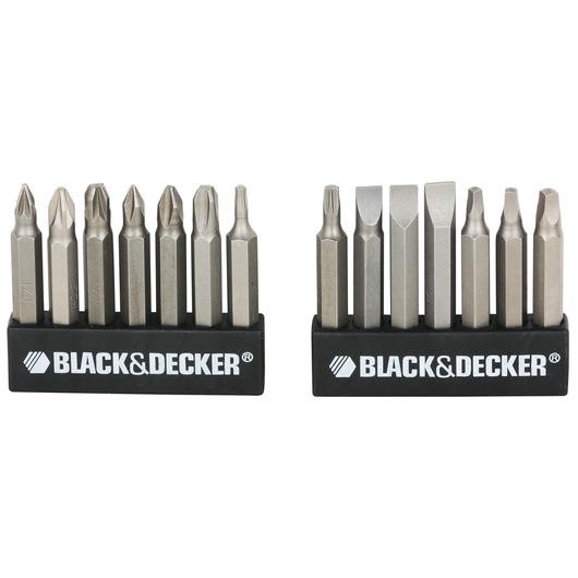BLACK+DECKER A7073-IN screwdriver bits set with ten silver bits in two black holders, front view on white background.