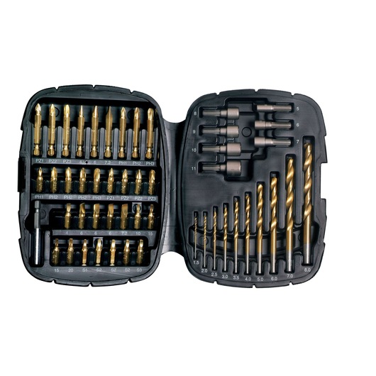 A BLACK+DECKER drill and screwdriver bit set in a black plastic storage case. The set contains a variety of drill bits, screwdriver bits, sockets, and adapters, all organized in compartments.
