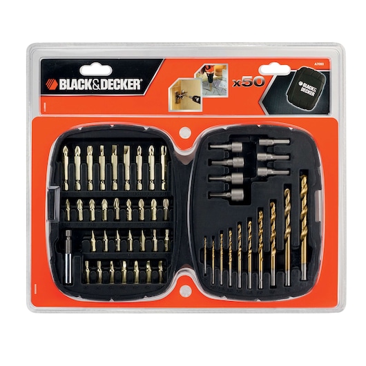 BLACK+DECKER A7093 drill and screwdriver bit set, 50-piece kit in plastic case, front angle on white background.