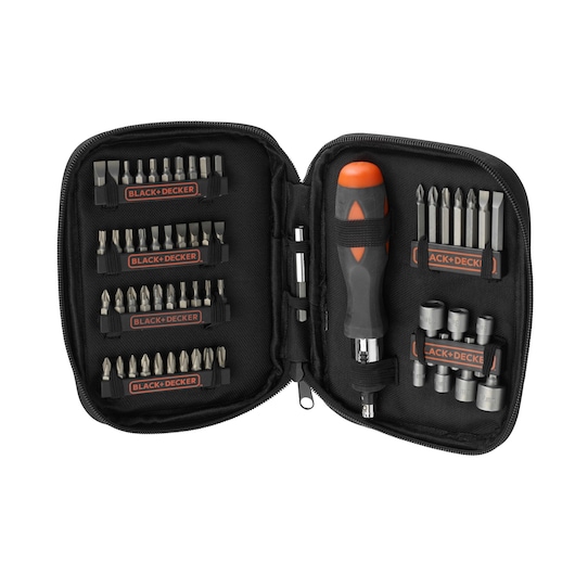 A BLACK+DECKER screwdriver and bit set in a black zippered case. The case contains a variety of screwdriver bits, a handle with an orange and black grip, several sockets, and bit holders, all organized in slots.