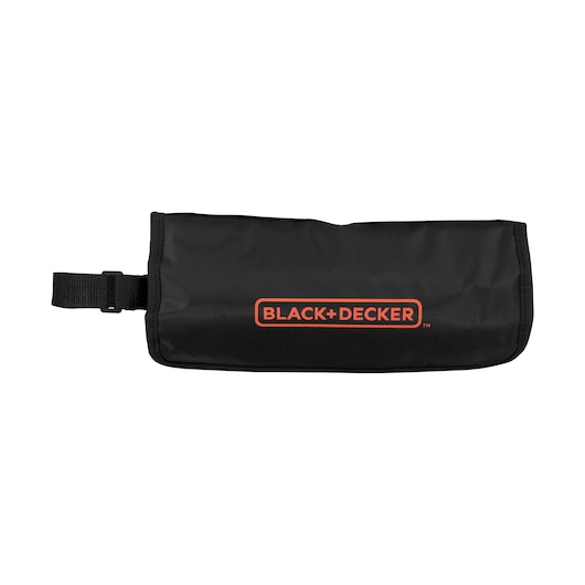A black rectangular tool pouch with a strap on the left side, featuring the BLACK+DECKER logo in orange on the front.