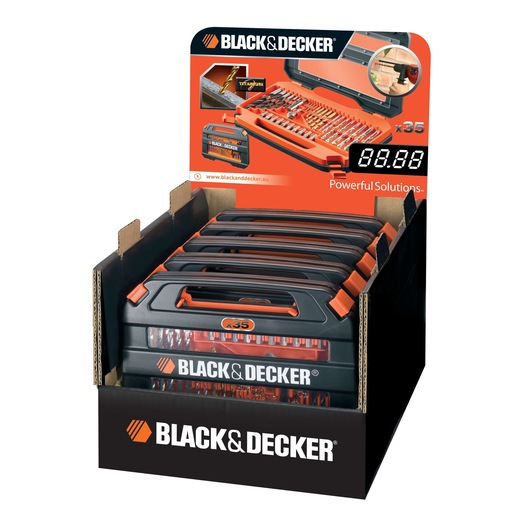 BLACK+DECKER A7152 35-piece screwdriver and drill bit set in black and orange cases, front display packaging.