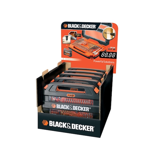 BLACK+DECKER A7153 tool set display with several black and orange tool cases arranged in a retail box, showing the brand logo and product packaging.