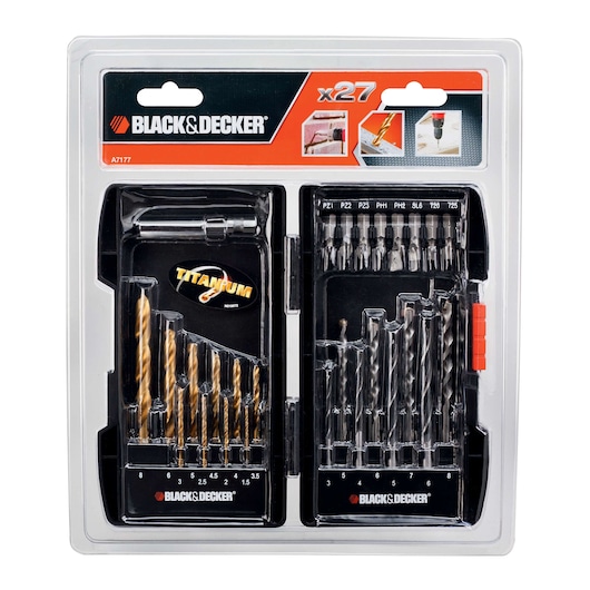 BLACK+DECKER A7177 titanium drill and screwdriver bit set, 27-piece kit, displayed in a clear plastic case with organized compartments for various drill and screwdriver bits.