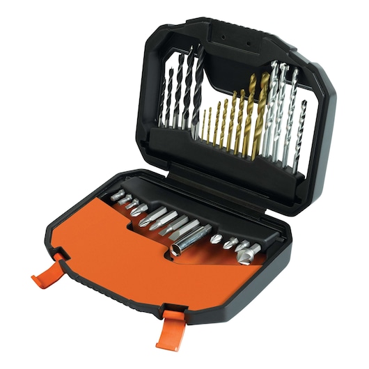 A BLACK+DECKER drill bit and screwdriver bit set in a black and orange plastic case. The open case displays various drill bits and screwdriver bits arranged in trays.