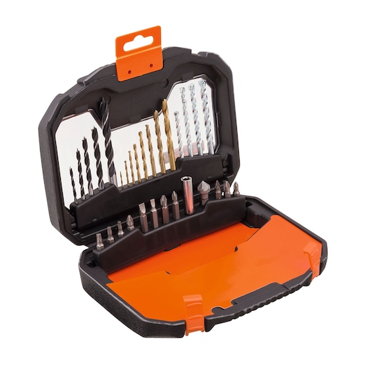 BLACKDECKER A7183-XJ drill and screwdriver bit set with assorted bits in a black and orange hard case, front angle.