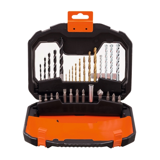 BLACKDECKER A7183-XJ drill and bit set in black and orange plastic case, open, showing multiple drill bits and screwdriver bits.