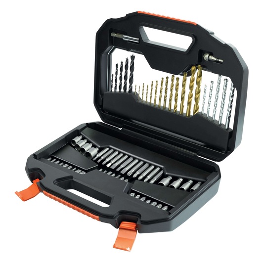 A BLACK+DECKER drill and bit set in a black plastic carrying case with orange latches, featuring various drill bits and screwdriver bits organized inside.