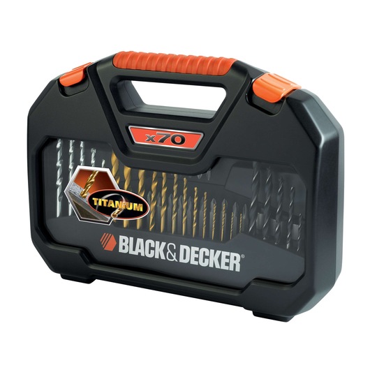 A BLACK+DECKER branded drill bit set in a black and orange plastic carrying case. The case has a transparent section showing 70 assorted drill bits, including titanium coated bits. The case features a handle and secure orange latches.