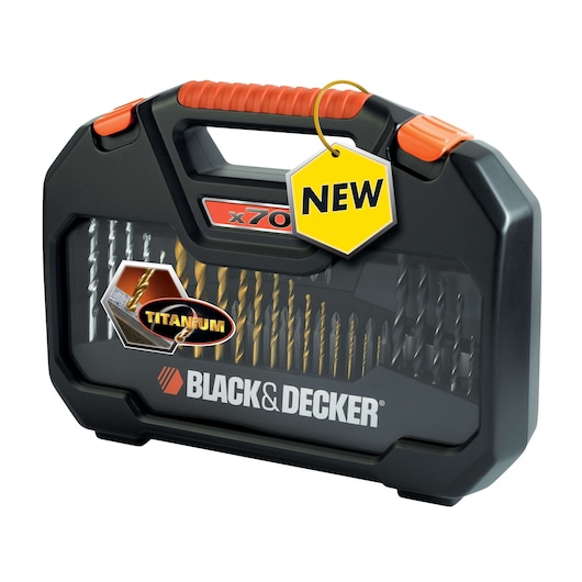 BLACK+DECKER drill bit set in a black plastic carry case with red accents, featuring a 'NEW' tag and titanium drill bits visible inside. The case displays the BLACK+DECKER logo and contains 70 pieces.