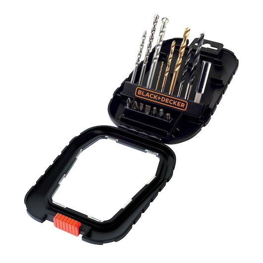 A BLACK+DECKER branded black case opened to display a set of drill bits and screwdriver bits organized inside.