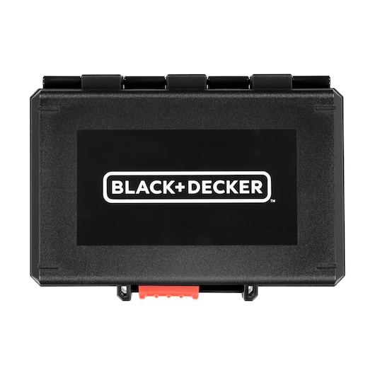 BLACK+DECKER black plastic case with red latch, top view, SKU A7202, photography product.