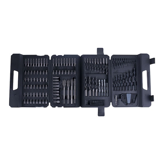 BLACKDECKER A7211 drill and screwdriver accessory set in black hard case, assorted bits and attachments, top view.