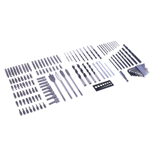 BLACKDECKER A7211 drill and bit set, assorted pieces, overhead angle, white background.