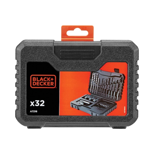 BLACK+DECKER 32-piece drill and screwdriver accessory set in a black hard plastic carrying case, model A7216. The closed case is shown with a label featuring an image of the opened case containing various drill bits and accessories.