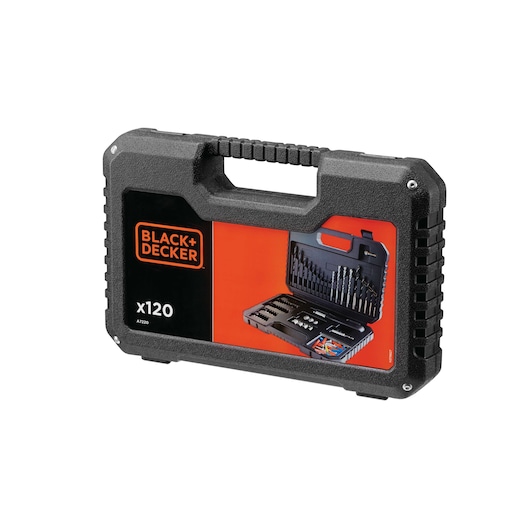 BLACK+DECKER A7220 120-piece drill and bit set in a sturdy black plastic carrying case, with an orange and black label showing the contents inside the case.