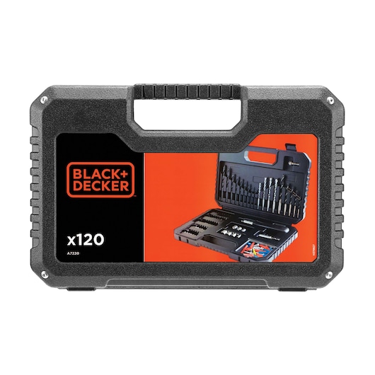 BLACK+DECKER A7220 120-piece accessory set in a durable black plastic carrying case, featuring an assortment of drill bits, screwdriver bits, and other tools for photography and DIY projects.