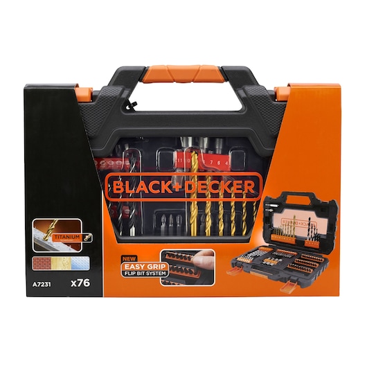 BLACK+DECKER drill and bit set in a black and orange carrying case, featuring a clear cover that displays various drill bits and accessories. The packaging highlights titanium drill bits, an easy grip flip bit system, and the set contains 76 pieces.
