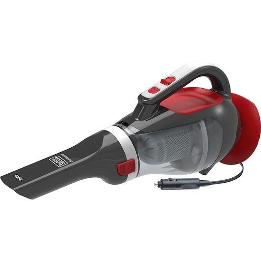 A BLACK+DECKER ADV1200 handheld vacuum cleaner with a transparent dust container, black and red accents, and a car adapter plug attached.
