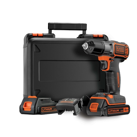 BLACK+DECKER cordless drill set with 18V lithium batteries, charger, and a sturdy black carrying case. The drill and accessories feature black and orange accents.