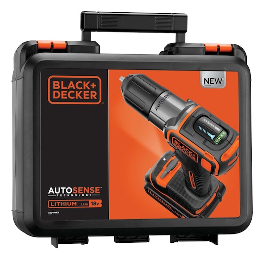 A BLACK+DECKER branded hard plastic carrying case featuring an image of a cordless power drill with AutoSense technology, lithium 1.5Ah 18V battery, shown in orange and black colors.
