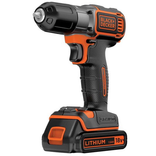 A BLACK+DECKER 18V lithium cordless drill with an ergonomic black and orange design, featuring a trigger, textured grip, and battery pack at the base.