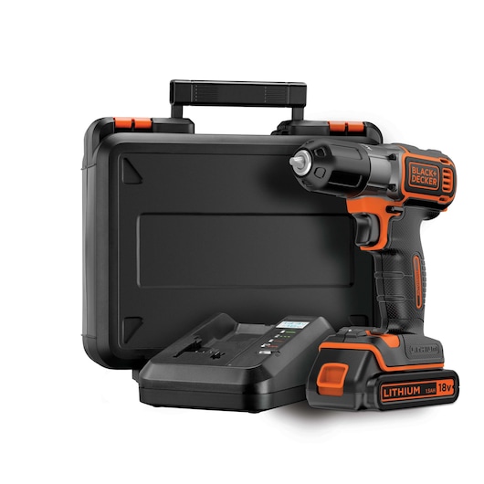 A BLACK+DECKER 18V lithium cordless drill with a black and orange design, shown with a battery charger and a sturdy black carrying case.