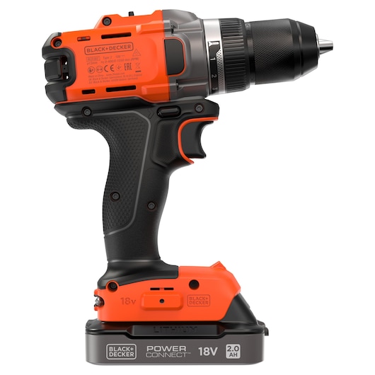 Cordless BLACK+DECKER 18V drill with Power Connect battery, side view on white background.