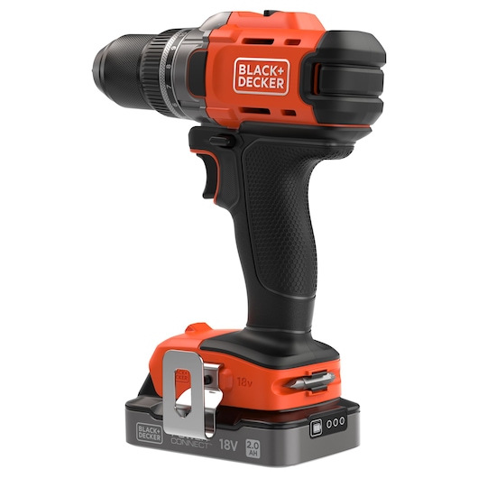 BLACK+DECKER 18V cordless drill with grip handle and battery, shown in orange and black.