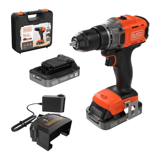 BLACK+DECKER cordless drill with case, charger and battery, shown from multiple angles.