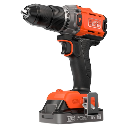 BLACK+DECKER 18V cordless drill with orange and black design, ergonomic handle, and POWERCONNECT battery base.