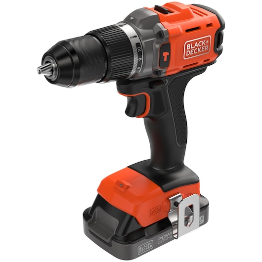 BLACK+DECKER orange and black cordless drill with ergonomic handle and metal clip, shown on white background.