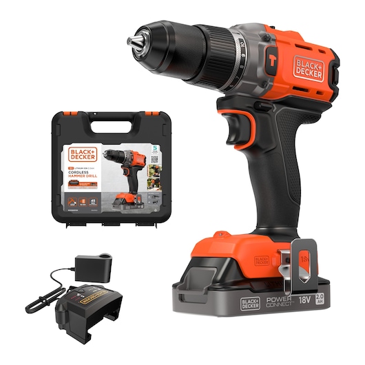 BLACK+DECKER cordless hammer drill set with case and charger, orange and black color, 18V 2.0Ah.