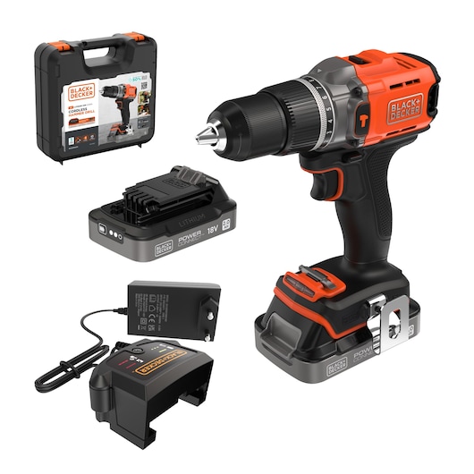 BLACK+DECKER cordless hammer drill set, featuring a black and orange power drill, 18V lithium battery, charger, and a sturdy carrying case with product branding and images.