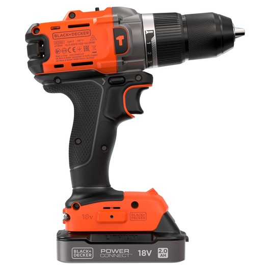 BLACK+DECKER cordless drill with 18V Power Connect lithium battery, compact design and an ergonomic grip.