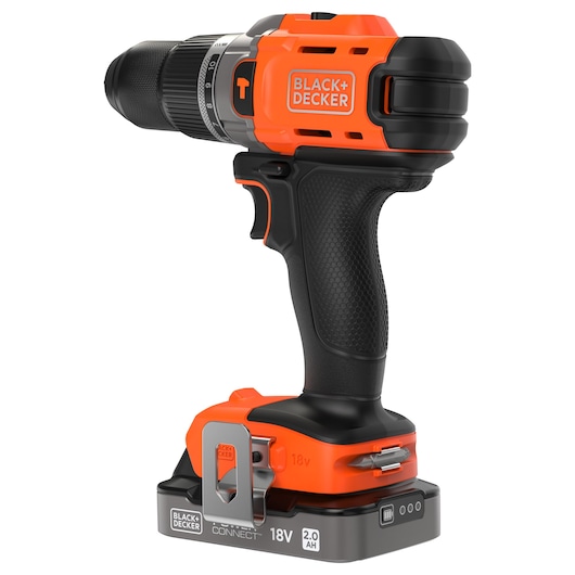 BLACK+DECKER cordless drill with 18V battery, orange and black, ergonomic handle, shown at side angle.