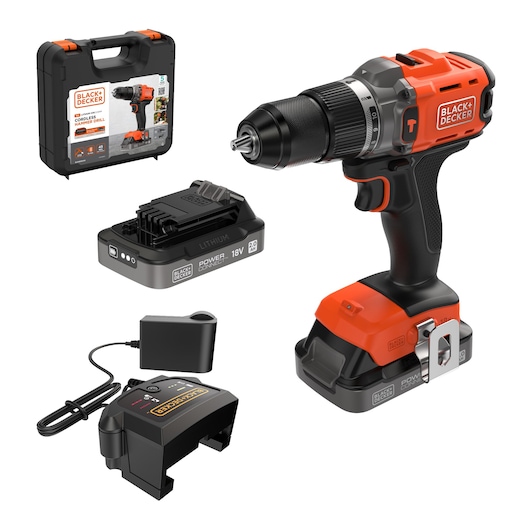 BLACK+DECKER cordless hammer drill kit with carrying case, battery, and charger shown.
