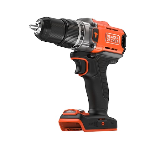 A BLACK+DECKER cordless electric drill with a black and orange design, featuring a comfortable grip handle and adjustable settings, shown against a white background.