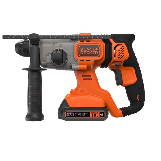 BLACK+DECKER cordless rotary hammer drill, 18V lithium model with an auxiliary handle, ruler guide, and ergonomic black and orange design, shown on a white background.