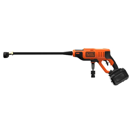 BLACK+DECKER cordless pressure washer with a long black nozzle and orange and black body, shown in a side view.