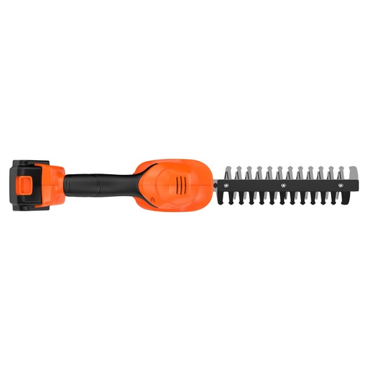 A BLACK+DECKER cordless handheld garden shear with an orange and black handle, shown from above. The device features a set of metal blades for trimming plants and hedges.