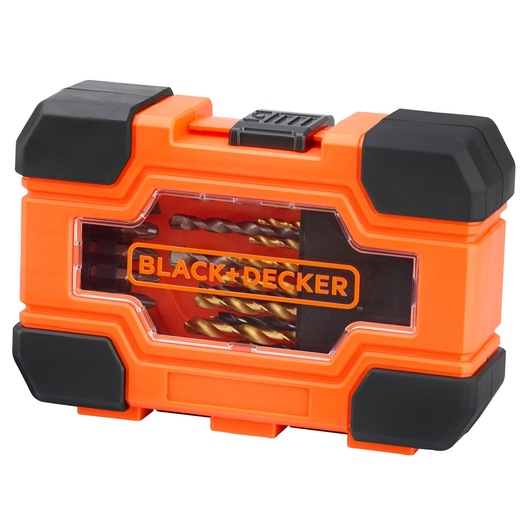 BLACK+DECKER orange and black drill bit set in a sturdy plastic case with a transparent window showing the bits inside.
