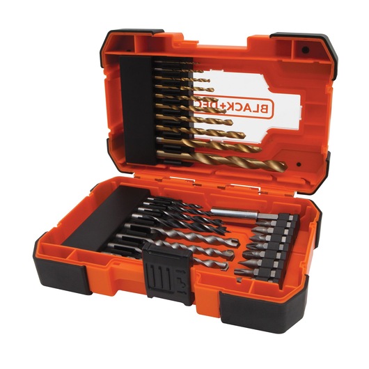An open orange and black BLACK+DECKER case containing a set of drill bits and screwdriver bits organized in compartments.