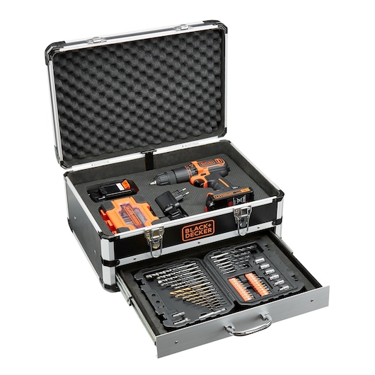 A BLACK+DECKER tool case with a cordless drill, charger, various drill bits, screwdriver bits, and accessories. The case is open, showing organized tools and a foam lid for protection.