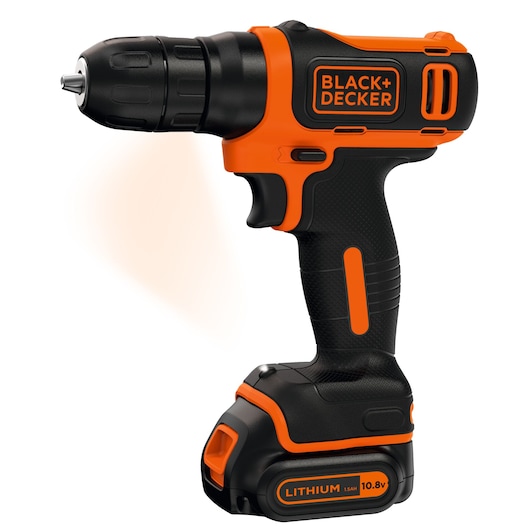 Cordless BLACK+DECKER power drill with orange and black color scheme, lithium 10.8V battery, compact design, and ergonomic handle.