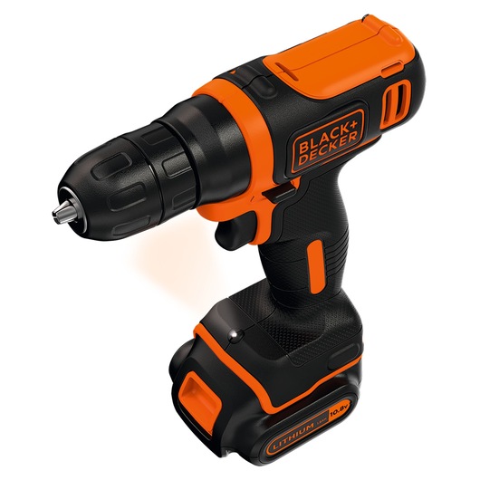 A BLACK+DECKER branded cordless electric drill with a black and orange design, shown with a lithium battery attached.