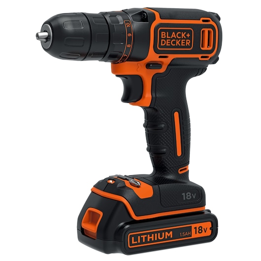A BLACK+DECKER 18V cordless drill with a black and orange design, featuring a lithium battery.